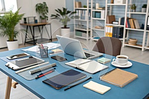 Office workplace with accessories on blue table