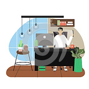 Office workplace. Business man sitting at table, working on computer and using mobile phone, flat vector illustration.