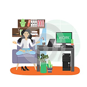 Office workplace. Business woman practicing yoga and meditation, flat vector illustration. Office yoga.