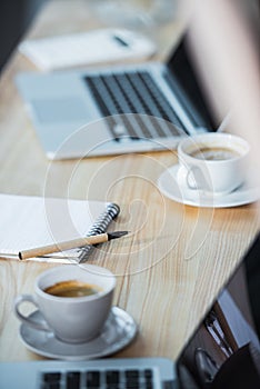 Office workplace with coffee and laptop computers