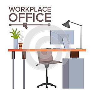 Office Workplace Concept Vector. Office Desk. Modern Developer Studio Interior. Classic Work space. Desk, Computer