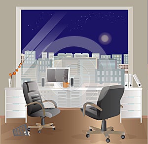 Office workplace interior design. Business objects, elements & equipment. Night sky.