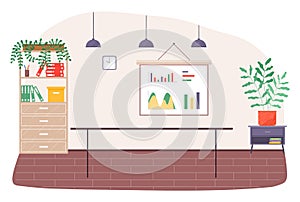 Office workplace interior design flat illustration. Business objects, elements and equipment