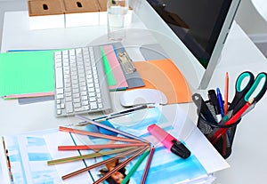 Office workplace with laptop and smart phone on wood table