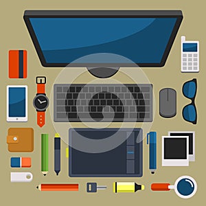 Office Workplace Top View in Flat Design Vector