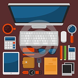 Office Workplace Top View in Flat Design Vector