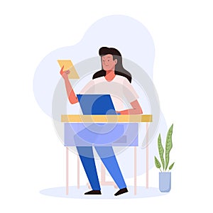 Office workplace. Woman sitting at the table with laptop and holding document. Business concept of vector characters in