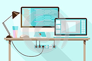 Office workspace, computer monitors, lamp, computer mouse, glass on the table. Illustration, business concept