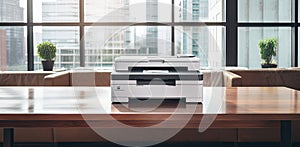 An office workspace features a versatile printer, copier, scanner, embodying a multi-functional photocopier machine