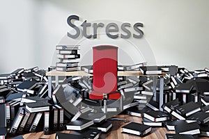 Office workspace with large chaotic pile of document ring binders and paperwork, stress conceptual 3D Illustration