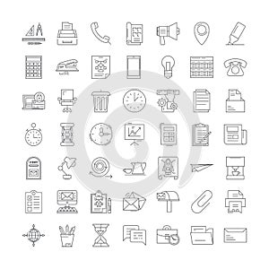 Office workspace linear icons, signs, symbols vector line illustration set