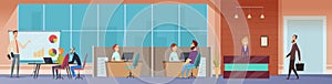 Office workspace. Managers business people working at computers modern startup project vector persons at office room