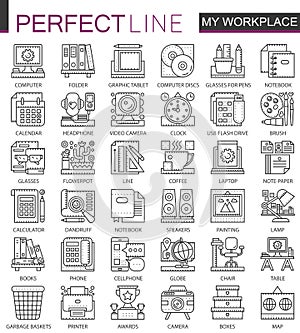 Office workspace outline mini concept symbols. Modern stroke linear style illustrations set. My workplace perfect thin