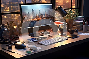 Office workstation with a desktop computer and