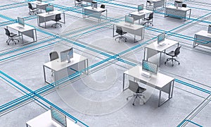 Office workstations divided into sectors with ethernet cables