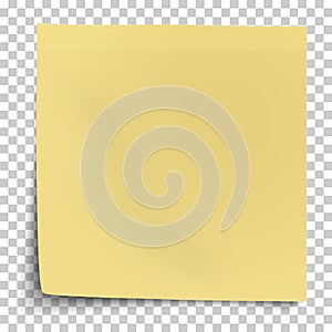 Office yellow paper sticker with bent lower left corner isolated on transparent background. Template vector post note