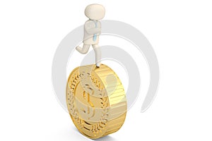 A officeman character and big gold coin 3d illustration.