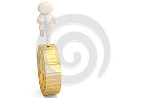 A officeman character and big gold coin 3d illustration.