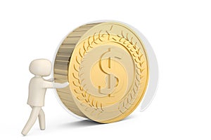 A officeman character and big gold coin 3d illustration.