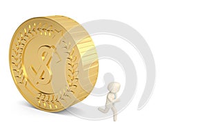 A officeman character and big gold coin 3d illustration.