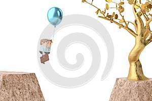An officeman pull a balloon over canyon, go to gold tree.3D illustration.