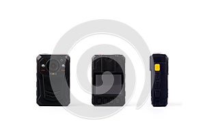 Officer body cam. Personal Wearable Video Recorder, Portable DVR, camera isolated on white background. Closeup, front view, back