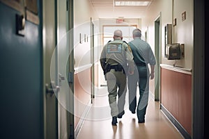 officer escorting inmate through hallway