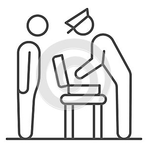 Officer examines suitcase thin line icon, security check concept, bag contents inspection vector sign on white