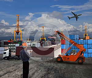 Officer man working in land transport logistic with container do