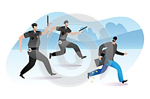 Officer policeman male character running pursue felon with stolen stuff, steal money cash flat vector illustration photo