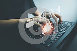 Officer using laptop manage files, Document Management System (DMS), Online document database management