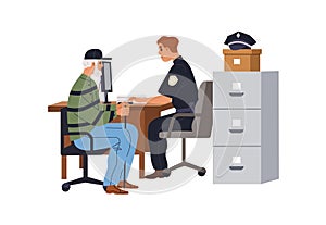 Officer and visitor at police office. Man making report, applying to policeman at desk. Cop in uniform sitting at table