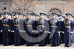 Officers of the Air Force Academy named after Professor Zhukovsky and Gagarin during the dress rehearsal of the parade on Moscow`s