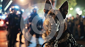 Officers utilizing trained police dogs for crowd control and apprehending individuals causing disruption.