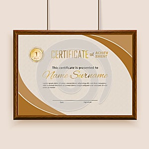 Official beige certificate with brown realistic border on white wall background. Realistic effect shadow. Cerrificate
