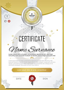 Official black certificate with badge and wafer. Vector template. Gold design elements. Official black blank. Business elegan