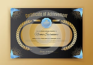 Official black certificate with blue black design elements. Gold emblem, gold text on the black circle.