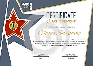 Official blue flat certificate with beige design elements and red star. Business modern design.