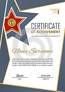 Official blue flat certificate with beige design elements and red star. Business modern design.