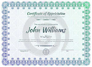 Official blue guilloche border for certificate. Vector illustration. Gradient blue green frame.