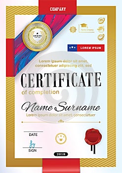 Official certificate with badge, red ribbon and wafer. Bright red violet abstract design elements on white background. Gold border