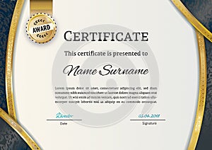 Official certificate with gold arc elements. Business luxury modern design. Gold emblem