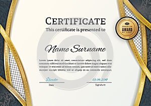 Official certificate with gold arc elements. Business luxury modern design. Gold emblem
