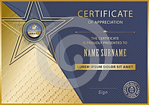 Official certificate with gold blue gold triangles, line . Business modern design. Black emblem.