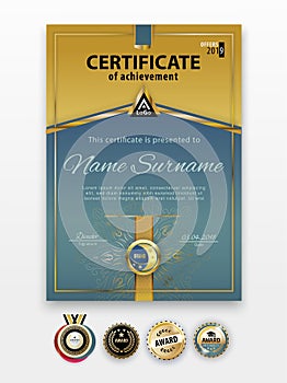 Official certificate with gold design elements. Business modern design. Set of Gold emblem.