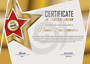 Official certificate with gold design elements and gold red star. Business modern design. Gold emblem