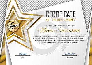 Official certificate with gold, transparent design elements and gold star. Business modern design. Gold emblem