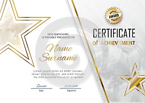 Official certificate with gold, white design elements and gold star. Business modern design. Gold emblem