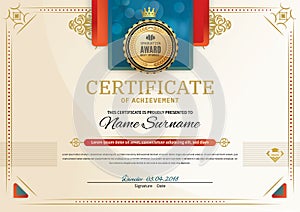 Official certificate with red turquoise square design elements. Red ribbon and gold emblem. Vintage modern blank