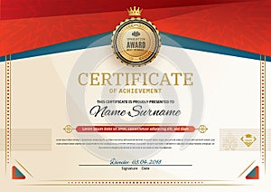 Official certificate with red turquoise square design elements. Red ribbon and gold emblem. Vintage modern blank